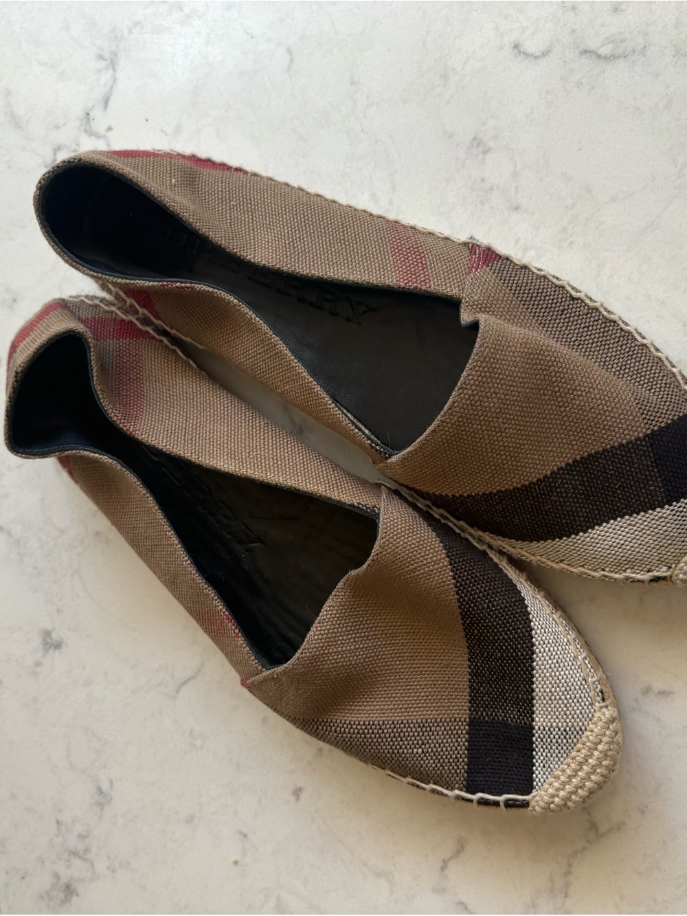 Burberry Tan Canvas Espadrille Flats with Black & Red Stripes